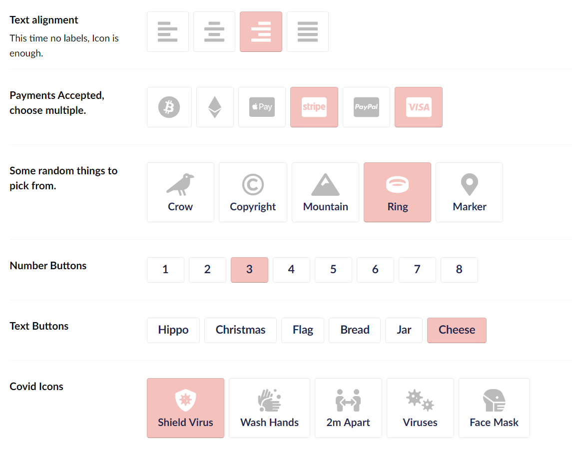 Various use-cases for buttons: text alignment, payment types, numeric and more. Example Font Awesome Buttons